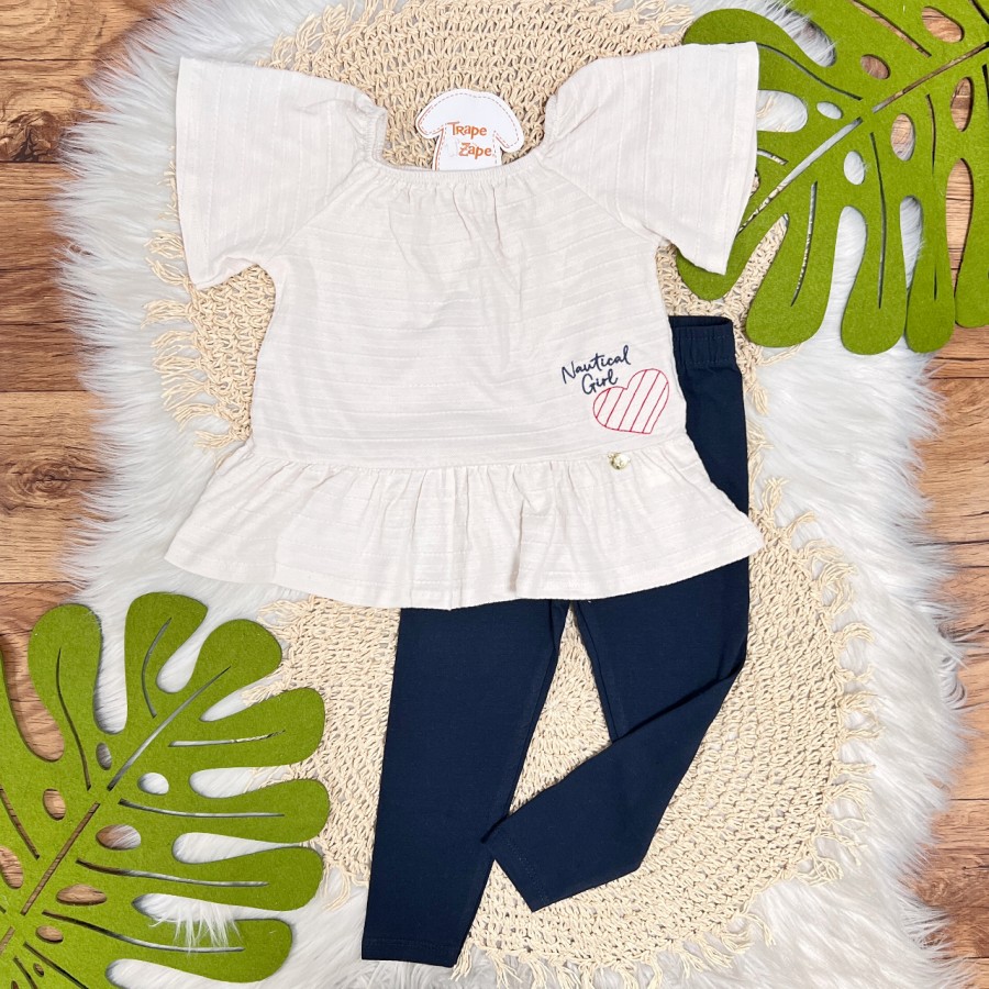 Conj. Blusa Nautical Girl e Calça Legging - Areia e Preto